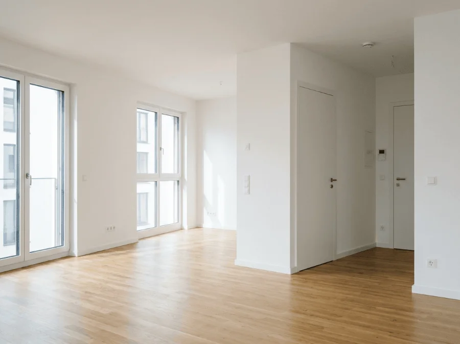 Ein leerer, unfertiger Rohbau-Raum komplett aus grauem Sichtbeton mit großen, rahmenlosen Fensteröffnungen und freiliegenden Belüftungsrohren sowie Kabeltrassen an der Decke.
