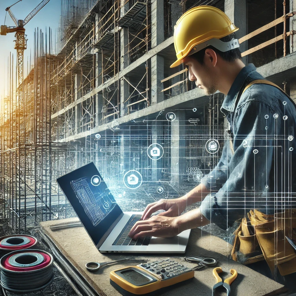 Une image illustrant un chantier de construction avec des éléments numériques comme un tableau de bord de gestion des données, une interface de chatbot, et des icônes représentant l'automatisation et l'IA.