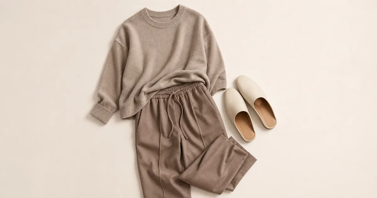 soft knit + pull-on tailored trousers + clean house shoe styled for work from home outfit ideas on a warm ivory background