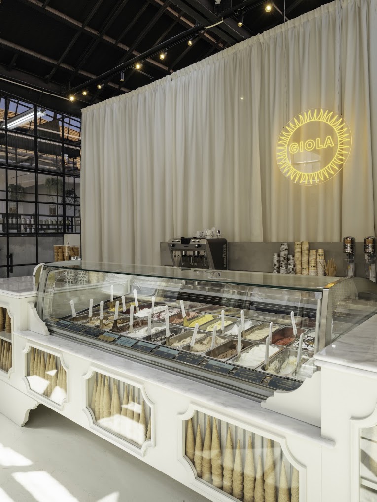 Giola gelato counter and neon sign at LX Factory
