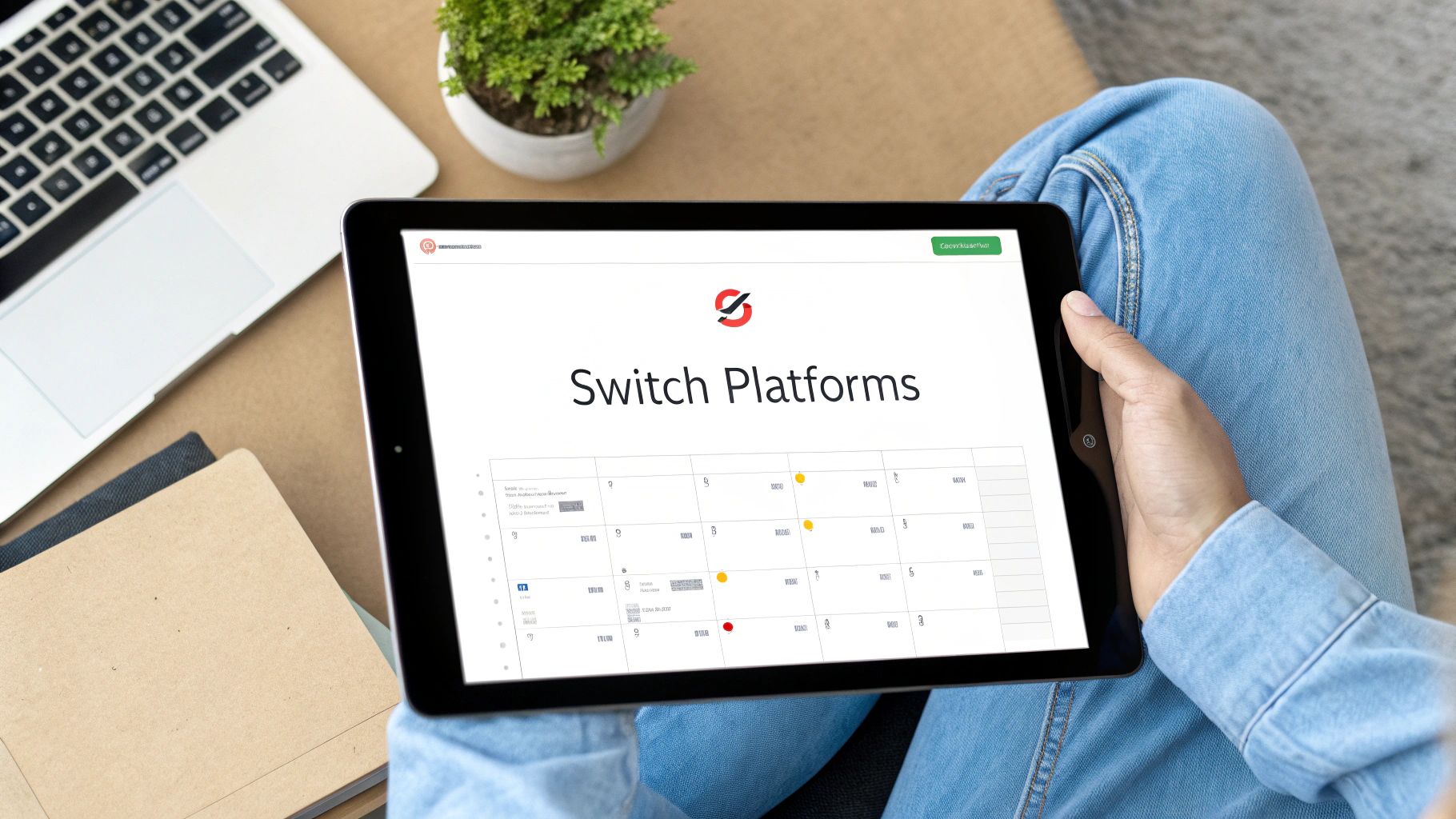 Person holding a tablet displaying the Switch Platforms digital calendar application interface.