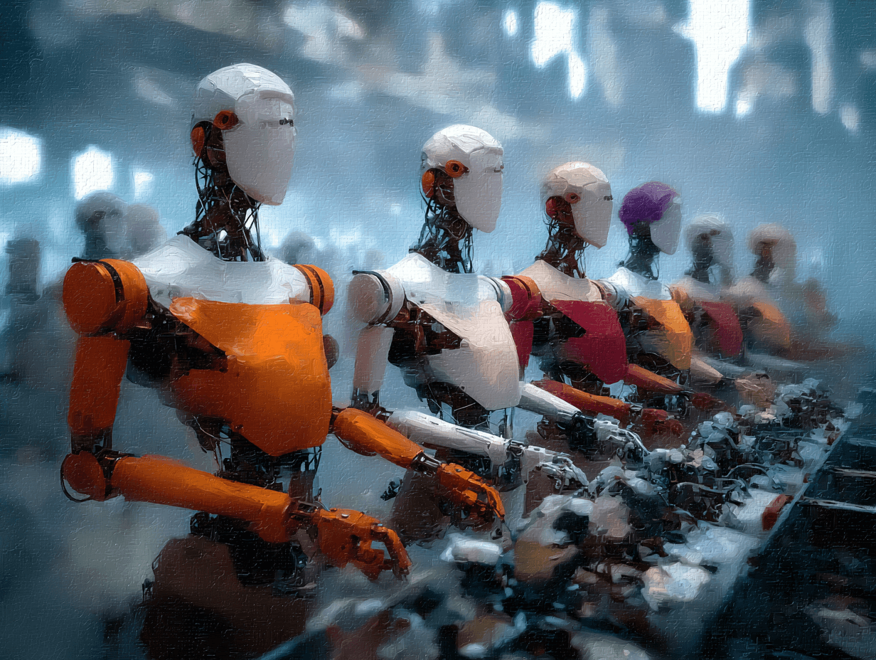 A digital painting shows a row of humanoid robots with sleek white and orange bodies working on an assembly line. Their mechanical frames are partly exposed, and the background fades into a misty industrial setting, evoking themes of automation, mass production, and the blurred line between machine and worker.