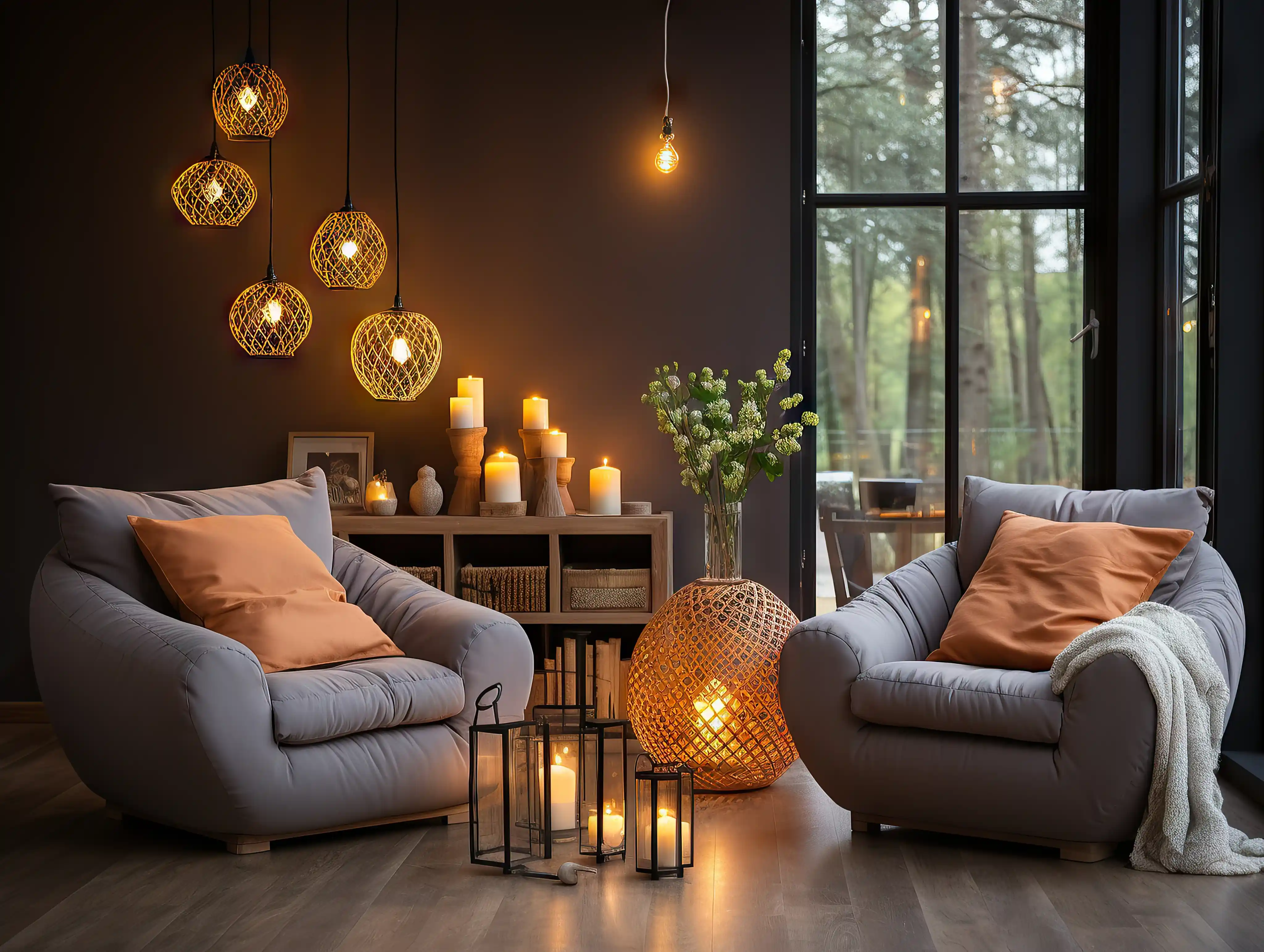 Cozy seating area with plush armchairs beside a glowing fireplace and warm string light decor.