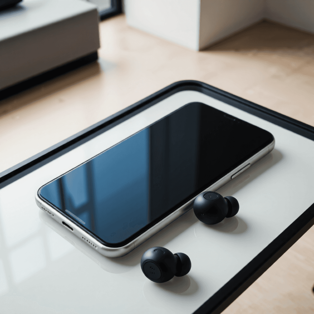 product photography of smartphone and wireless earbuds