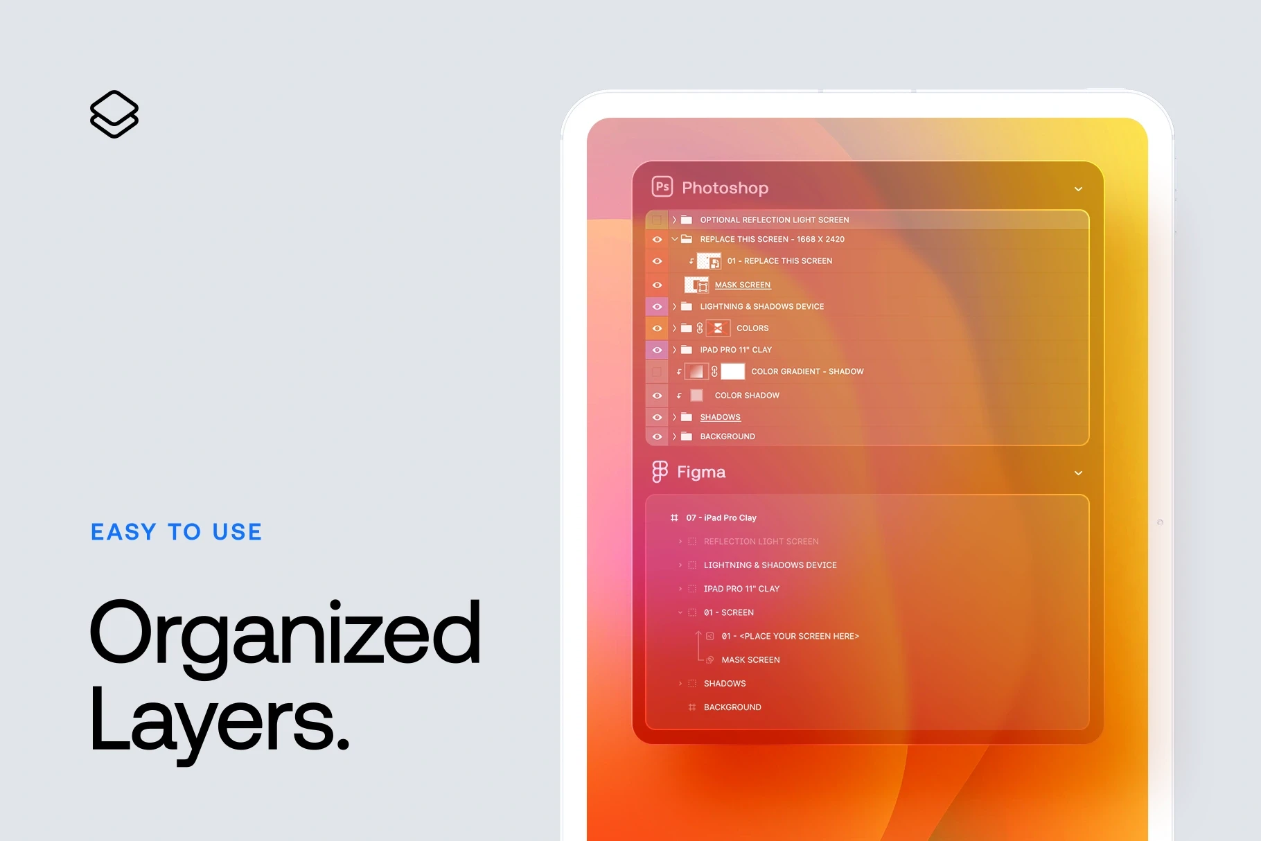 iPad Pro clay mockup showing organized Photoshop and Figma layer structure.