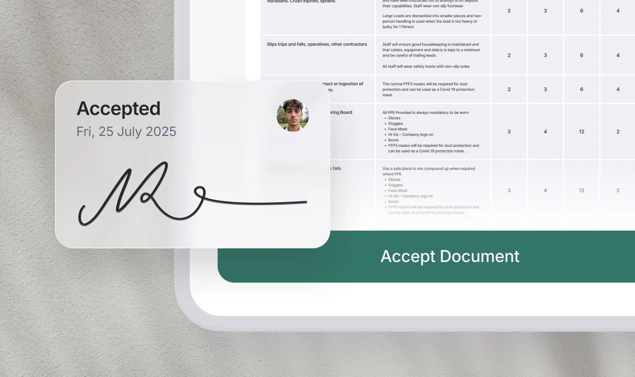A close ups of the Onetrace mobile app showing A RAMs sheet for acceptance, and the signature in a pop out.
