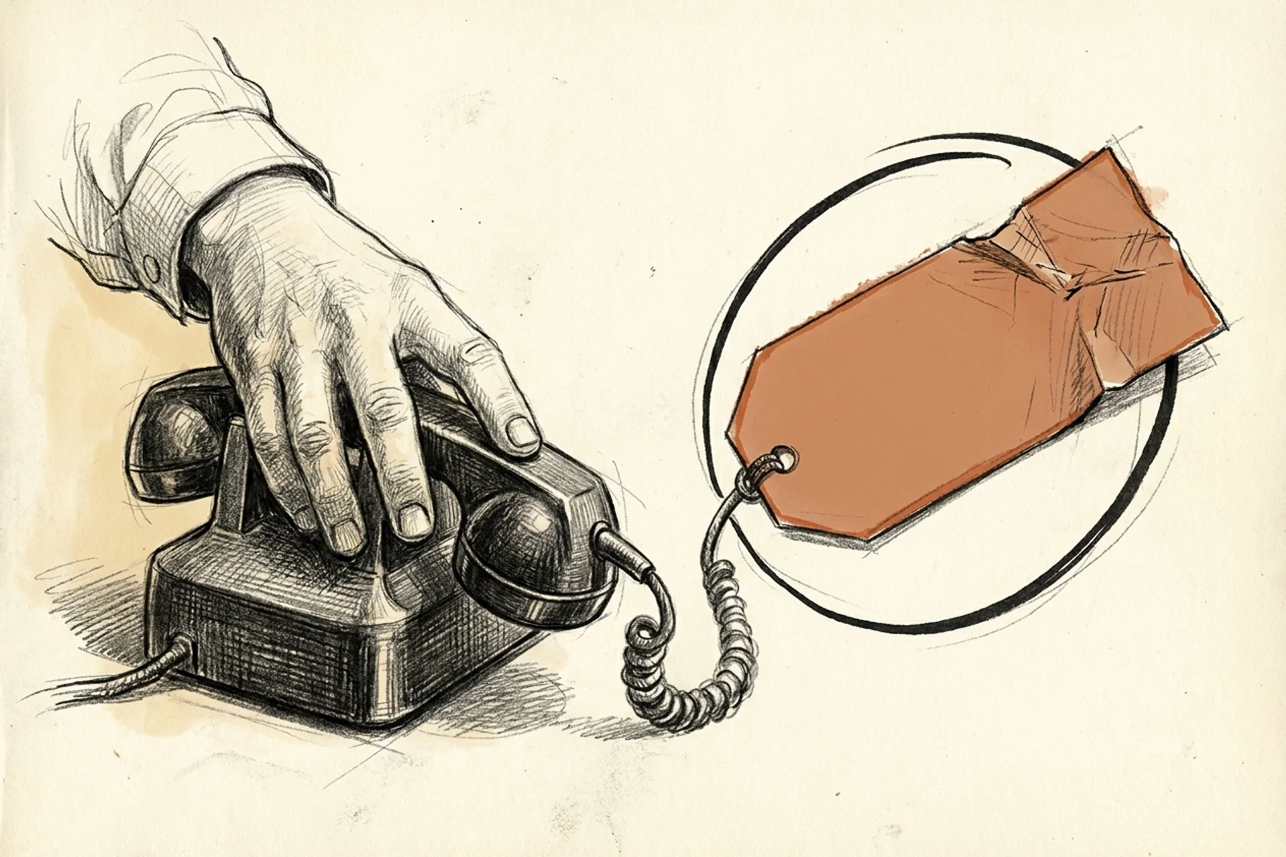 Trip charge objection training — hand-drawn sketch of a CSR's hand holding a telephone handset with a price tag that is creased but unbroken, illustrating fee discipline under customer pressure