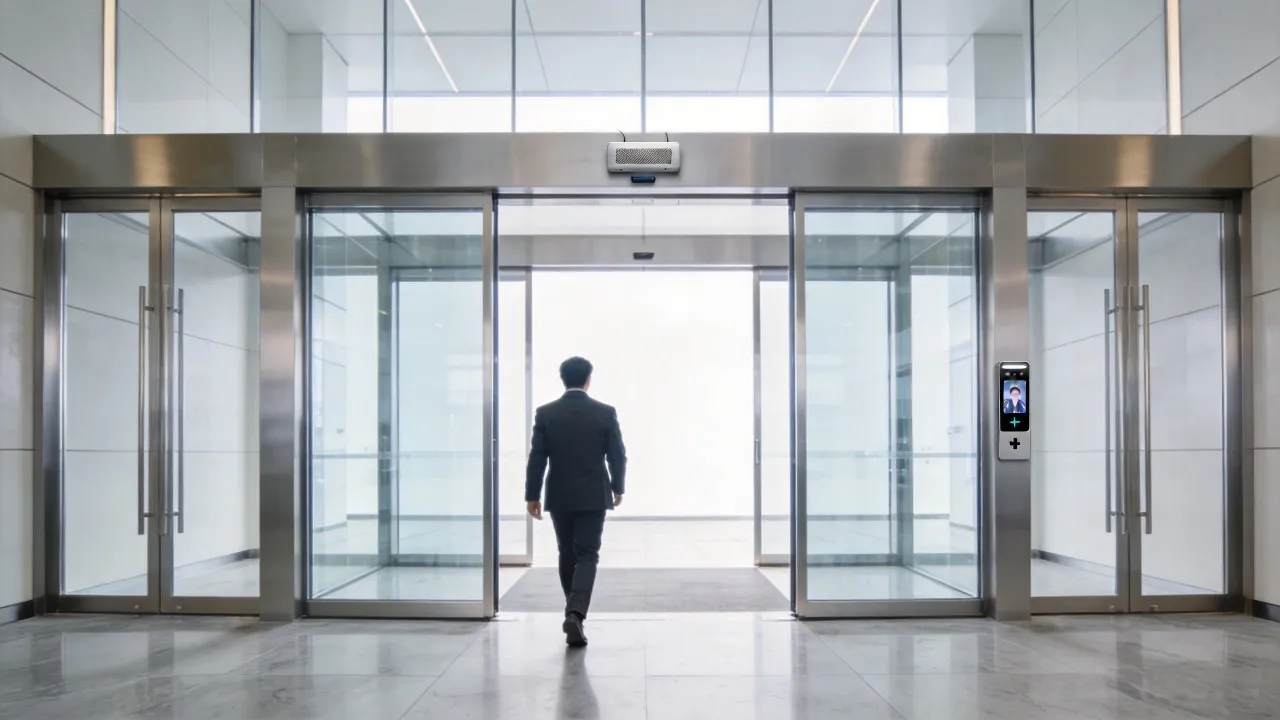 smart door automation system with automatic access control at a modern building entrance