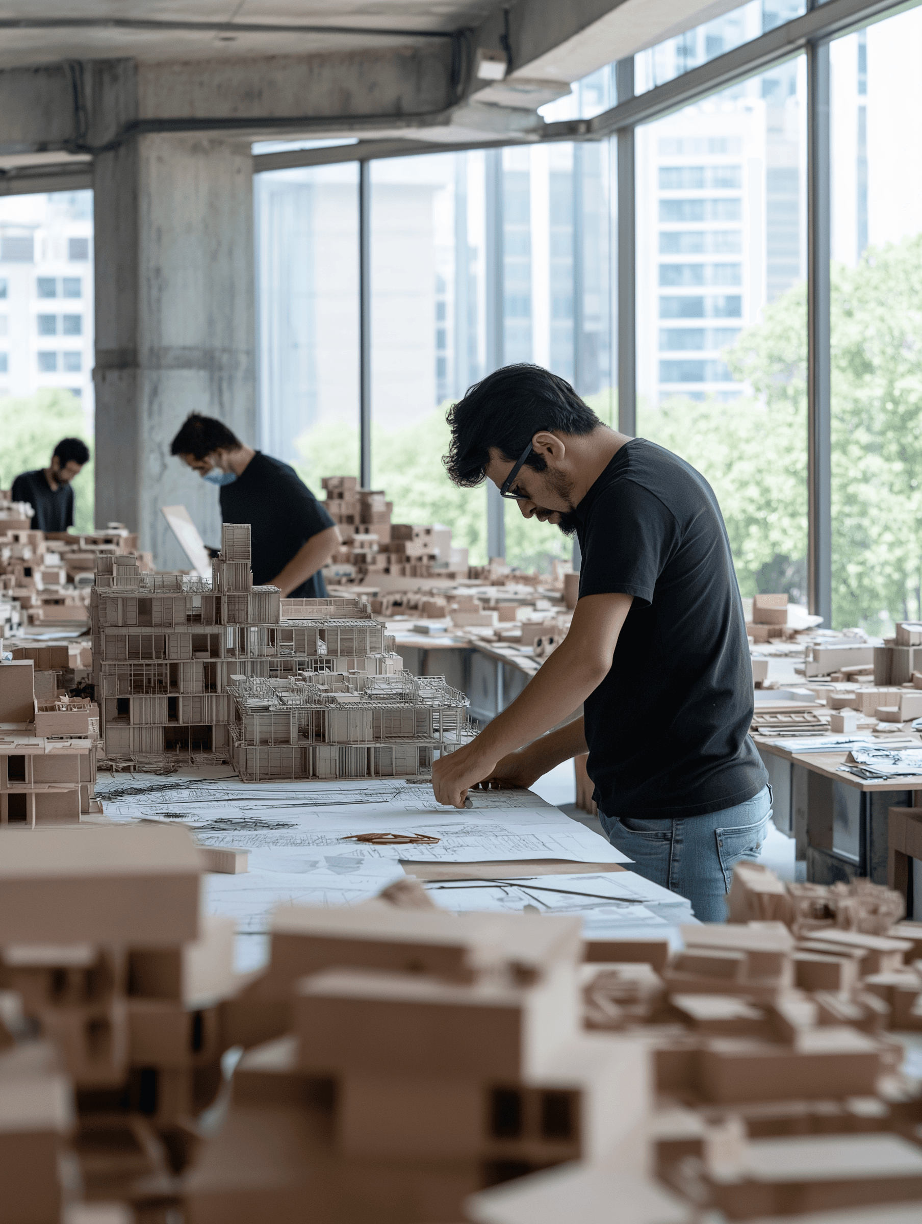 Architect working on scale models and blueprints in studio setting.