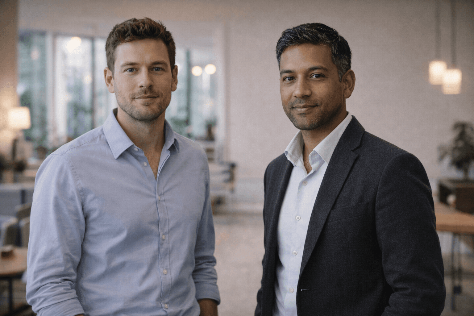 Two women are standing side by side against a beige wall, smiling confidently, one wearing a green shirt and the other in a dark blazer, with soft lighting casting gentle shadows.