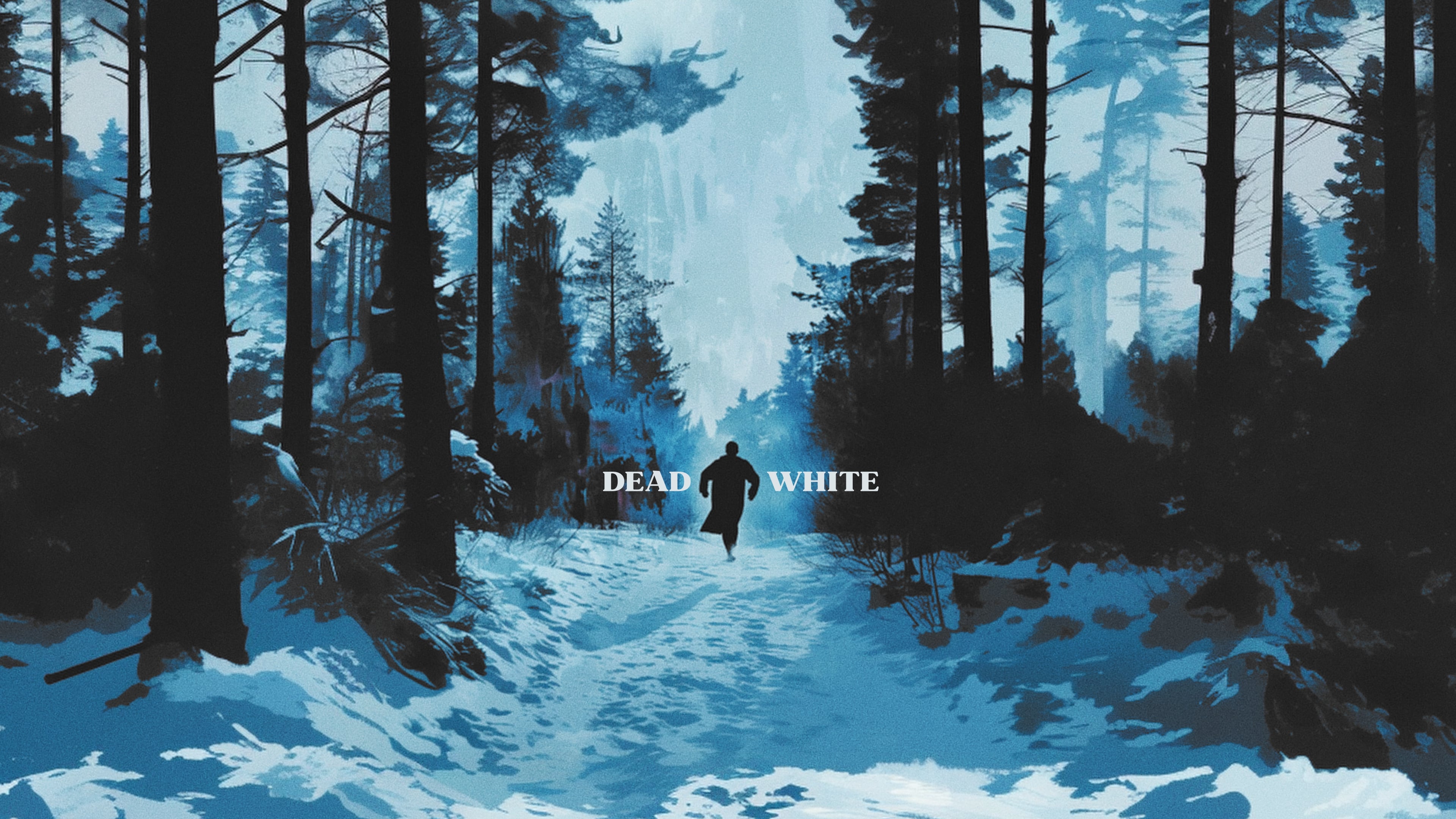 Front cover image for a short film called Dead White. The image is of a man running through the woods.