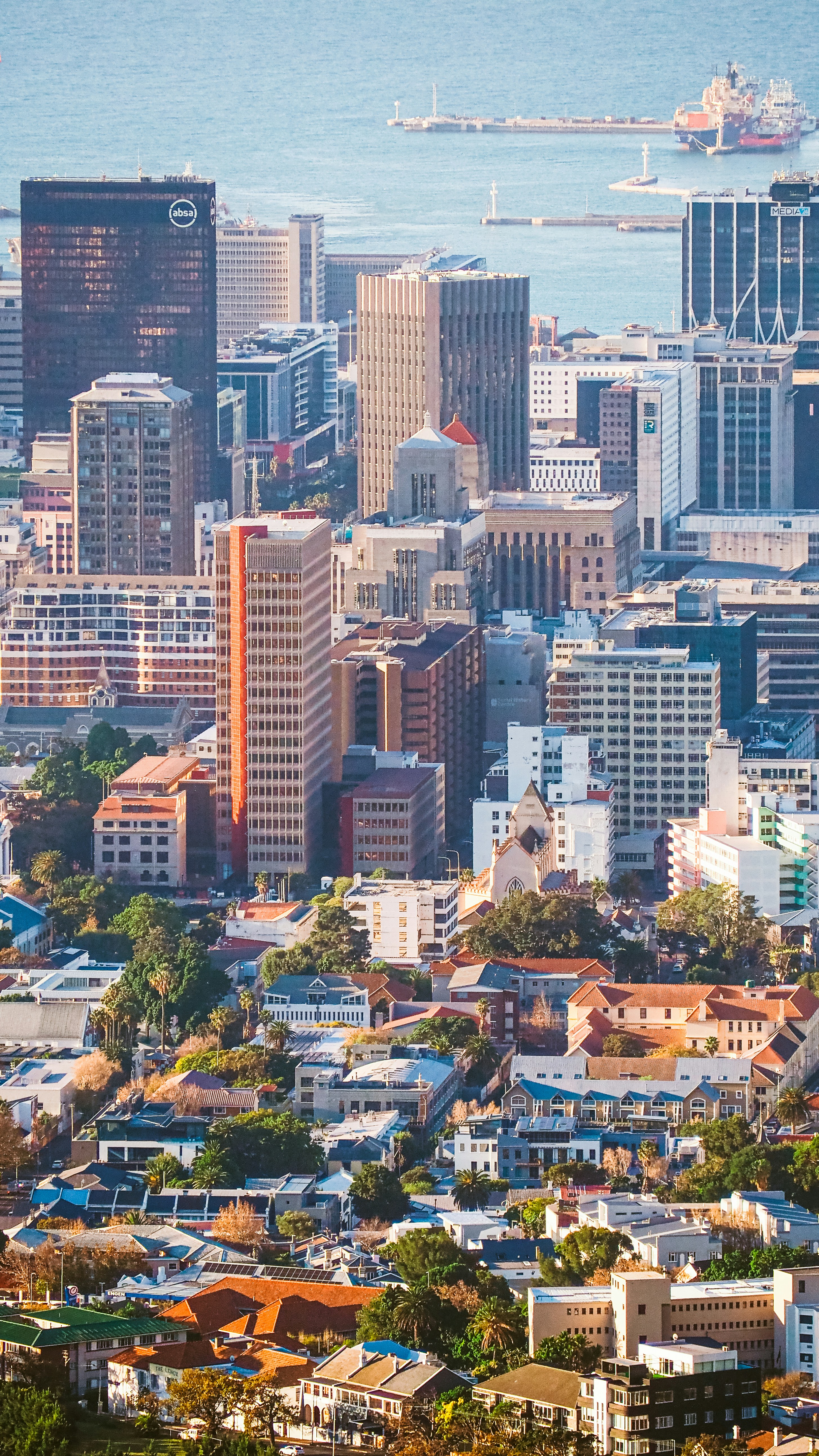 City skyline with buildings and ocean view