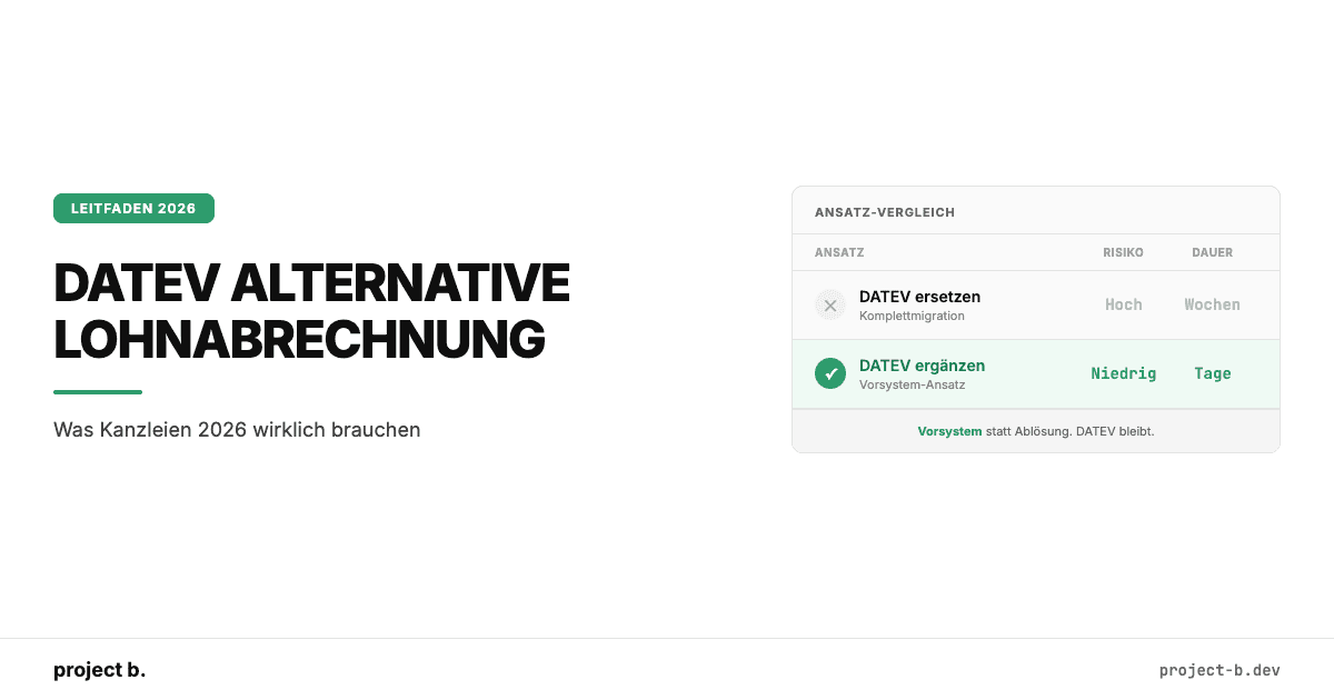Vergleich DATEV ersetzen vs. ergänzen: Risiko, Dauer, Vorsystem-Ansatz für Lohnabrechnung