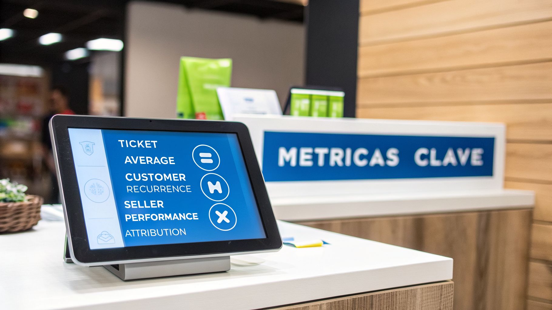 Una tablet muestra métricas clave de ventas como promedio de ticket y recurrencia de cliente.