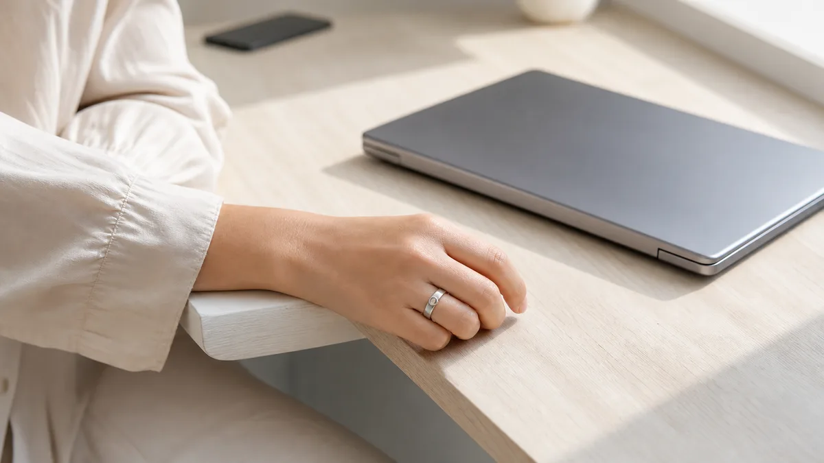 Woman wearing a silver smart tasbih ring beside a closed laptop in a bright workspace