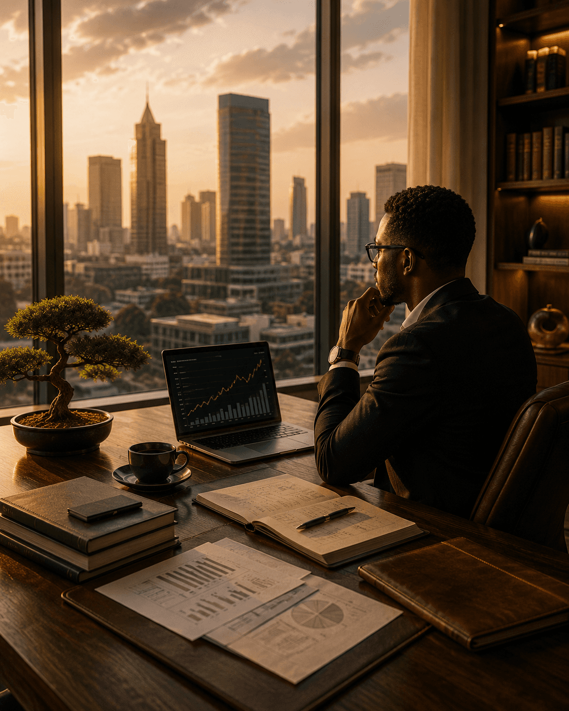 African entrepreneur considering financial charts in a modern business district