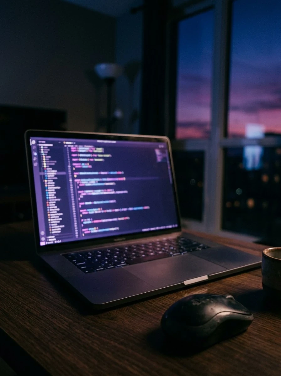 Laptop with glowing code at dusk