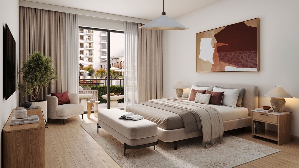 A contemporary bedroom with a spacious bed and a large artwork, highlighting the aesthetic of Rosewell at Town Square.