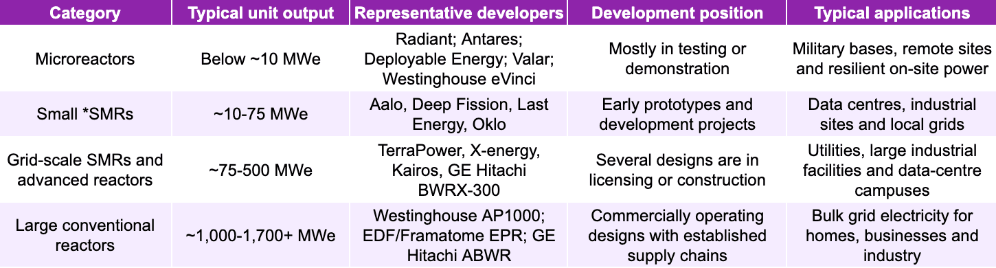 Advanced-reactor developers by output and intended application