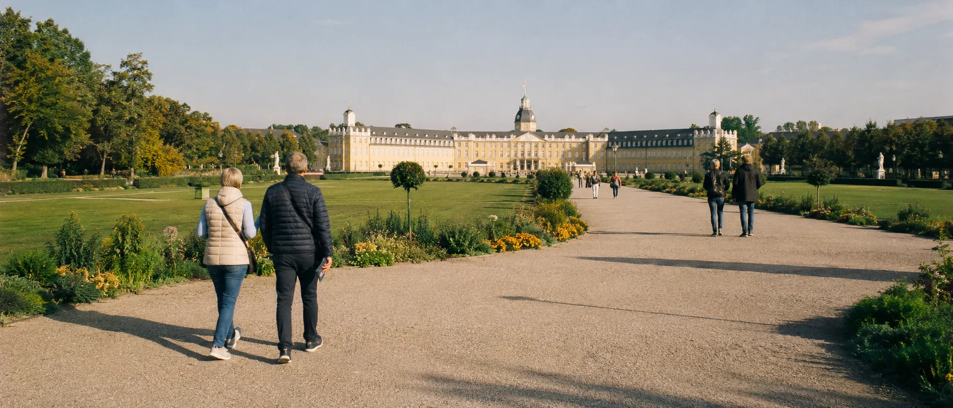 Karlsruher Schlossgarten mit Spaziergängern, Parkwegen und Schlossfassade im Tageslicht