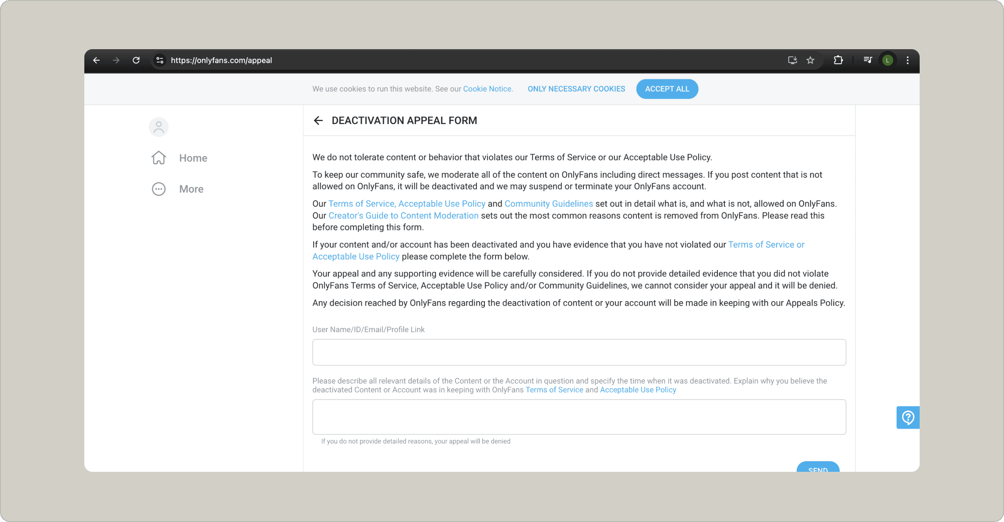 OnlyFans deactivation appleal form