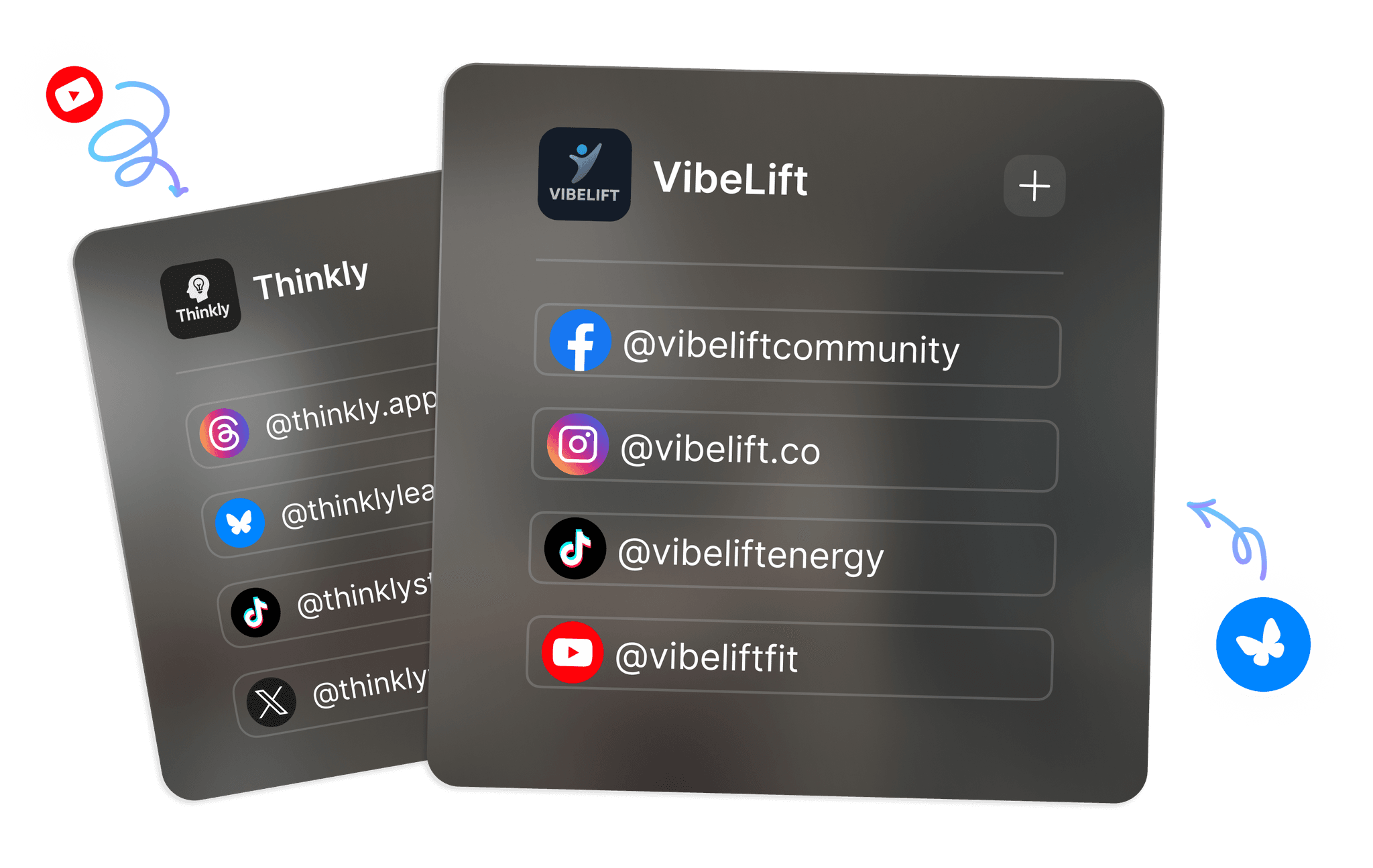Social media links showcased on sleek, modern cards with branding elements and vibrant icons.