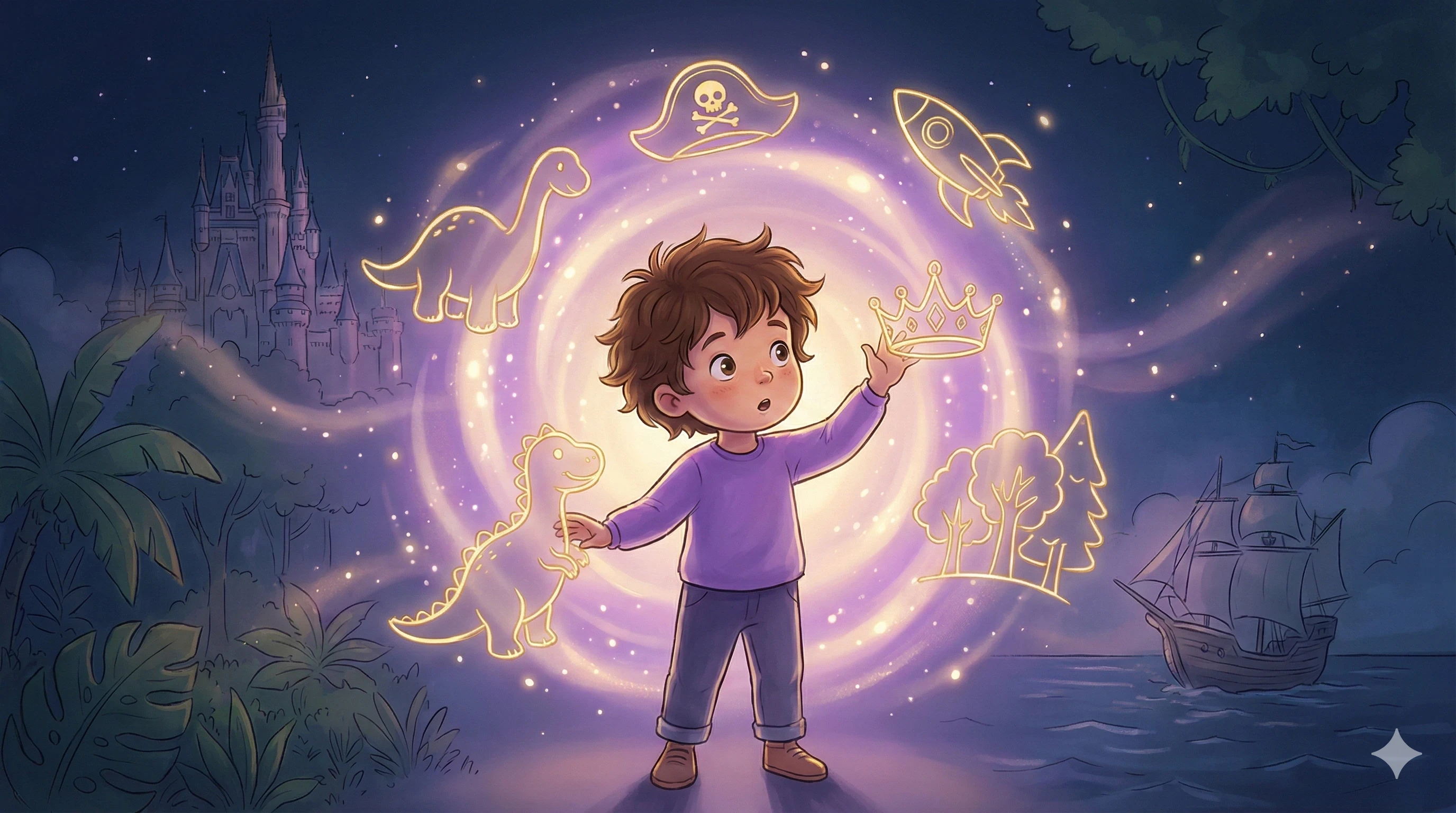 Petit garçon créant son avatar magique, illustrant la personnalisation complète du héros de l'histoire.