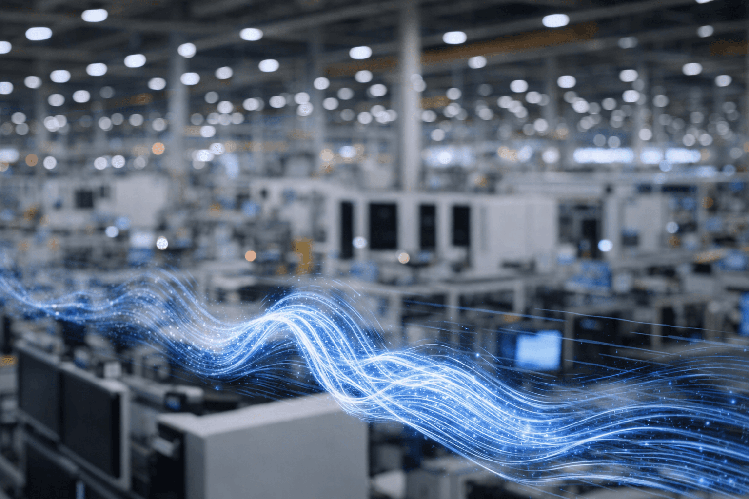 Blick in eine Produktionshalle und im Vordergrund fließen holografische Datenströme