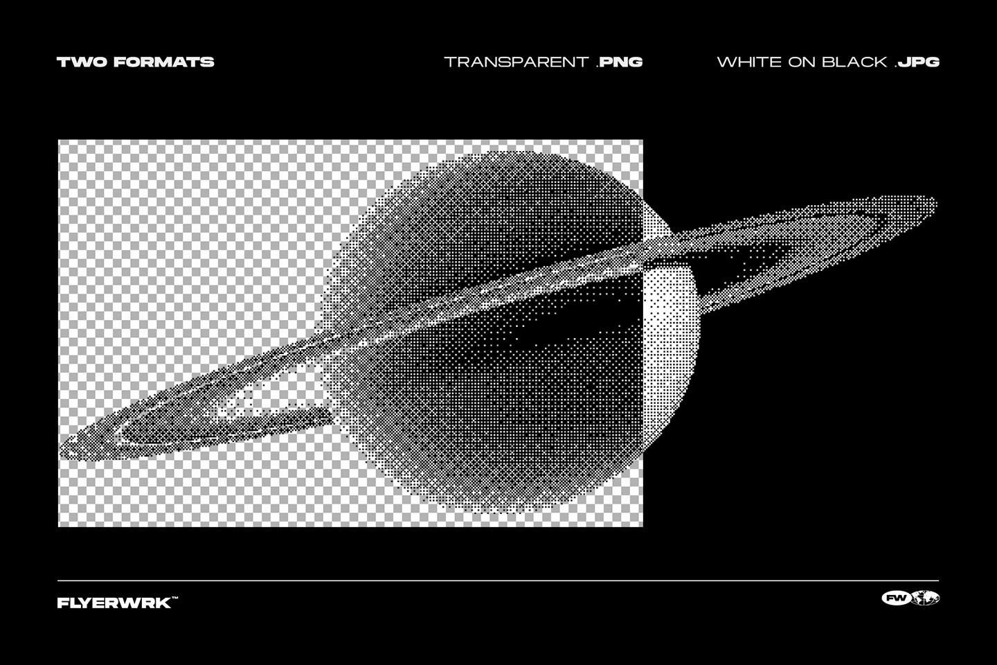 Bitmapped design elements saturn planet graphic with detailed halftone dithering and transparent PNG background