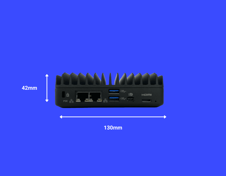 Mini PC image with dimensions demonstrated around device.