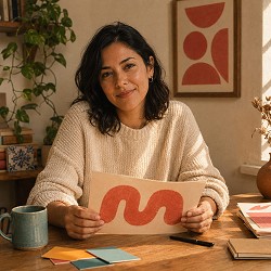 Woman in cream sweater holding abstract art paper with red wave pattern, sitting at a wooden table in a cozy room. Warm and inviting atmosphere.