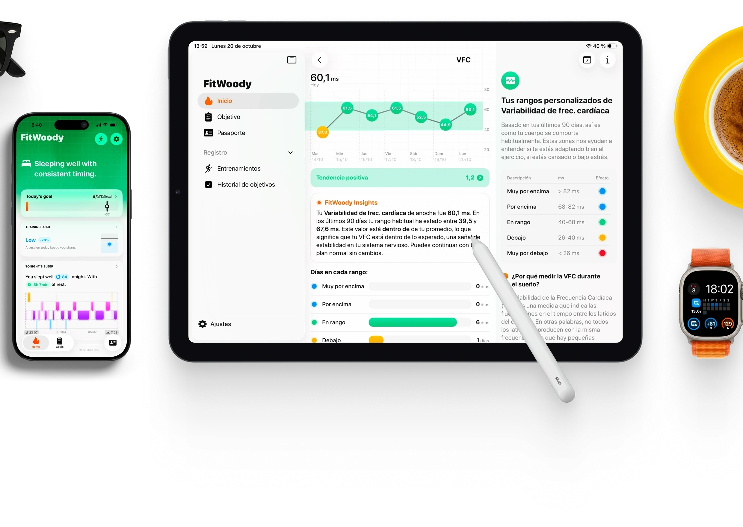 iPhone, iPad y Apple Watch con FitWoody entre objetos de un día normal: gafas de sol, un cuaderno, un café y unos AirPods