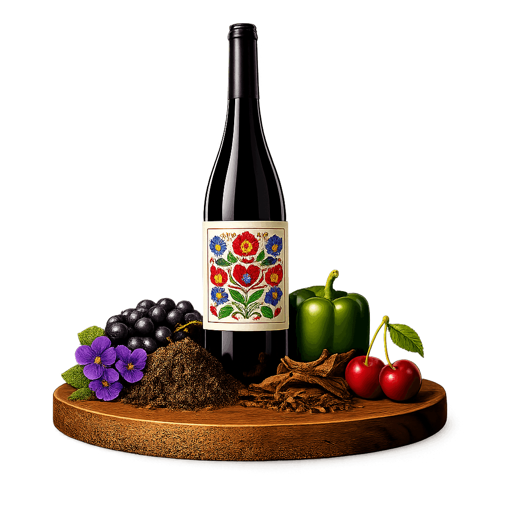 Artistic label and flavor profile for Czech Cabernet Moravia on a rustic wooden table.