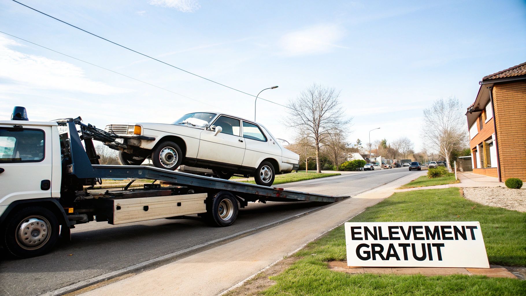 Un camion de remorquage charge une vieille voiture blanche sur sa plateforme, avec un panneau 'ENLÈVEMENT GRATUIT' au premier plan.