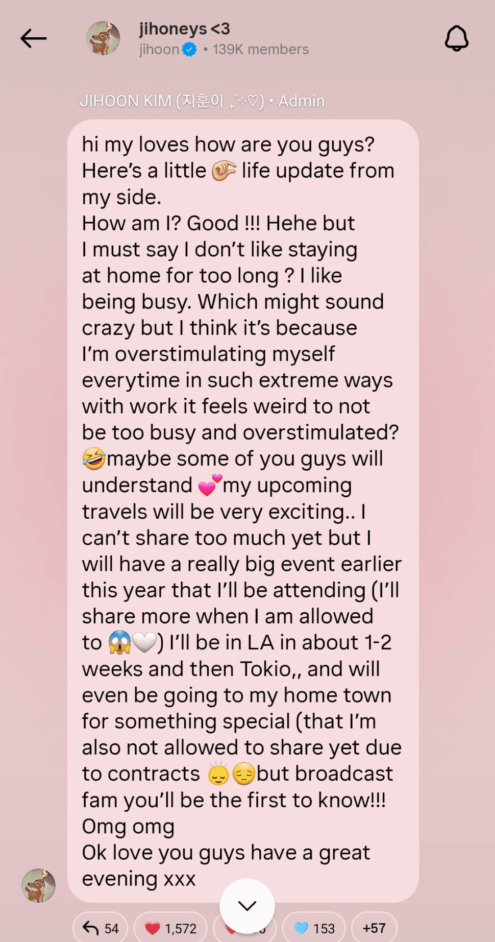 An example of a message Jihjoon put in her broadcast channel