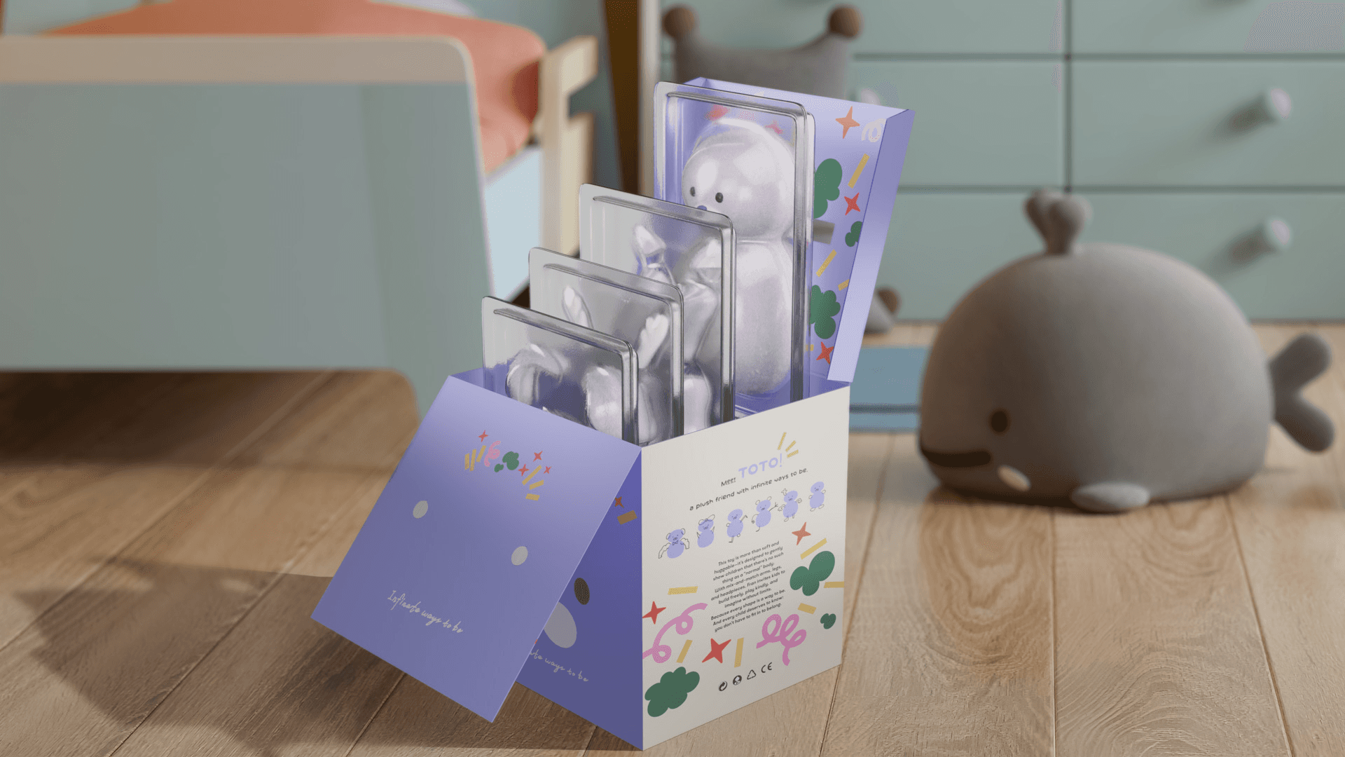 A light purple box containing four clear plastic containers with white stuffed animals inside sits on a wooden floor. The box is open, revealing the containers inside. A light blue chair and a gray whale toy are visible in the background. The box has text and illustrations on its sides.