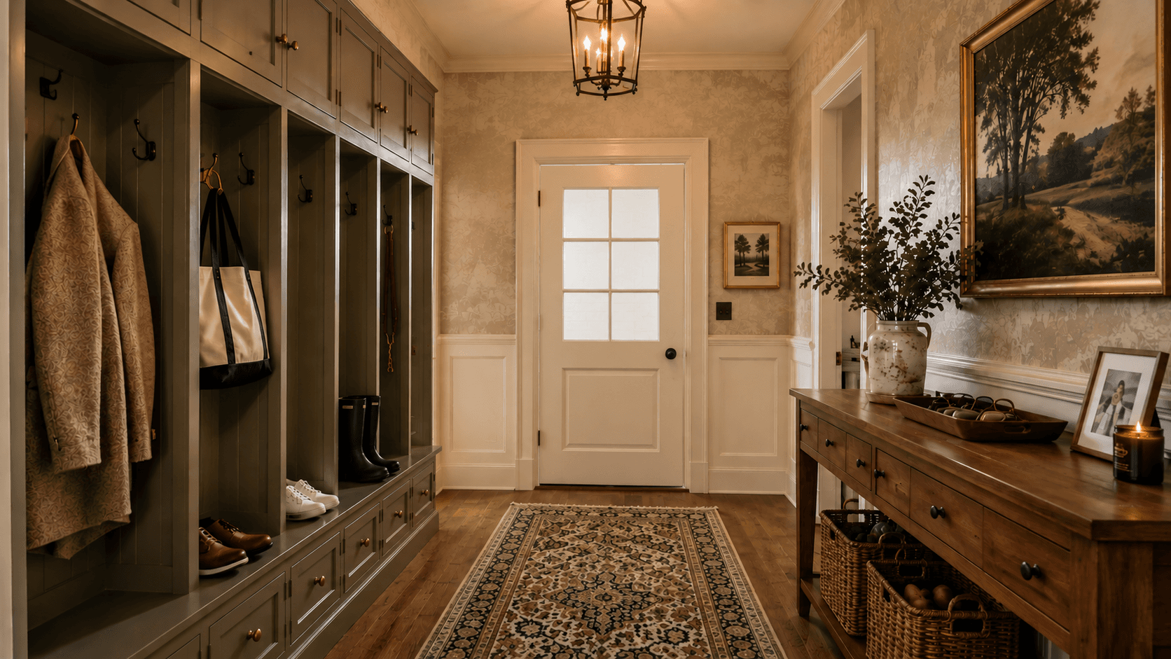 Traditional mudroom entryway with custom built-in lockers, closed shoe storage, woven baskets, and a patterned runner rug. This timeless Raleigh-inspired foyer combines classic millwork, warm wood tones, and organized storage for a functional, welcoming family drop zone.