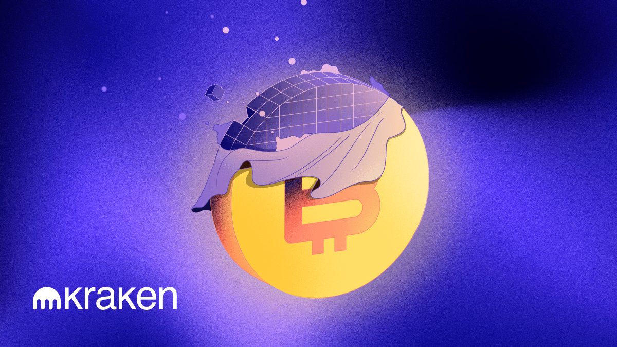 Ilustração da Kraken com uma Bitcoin dourada em fundo azul-violeta