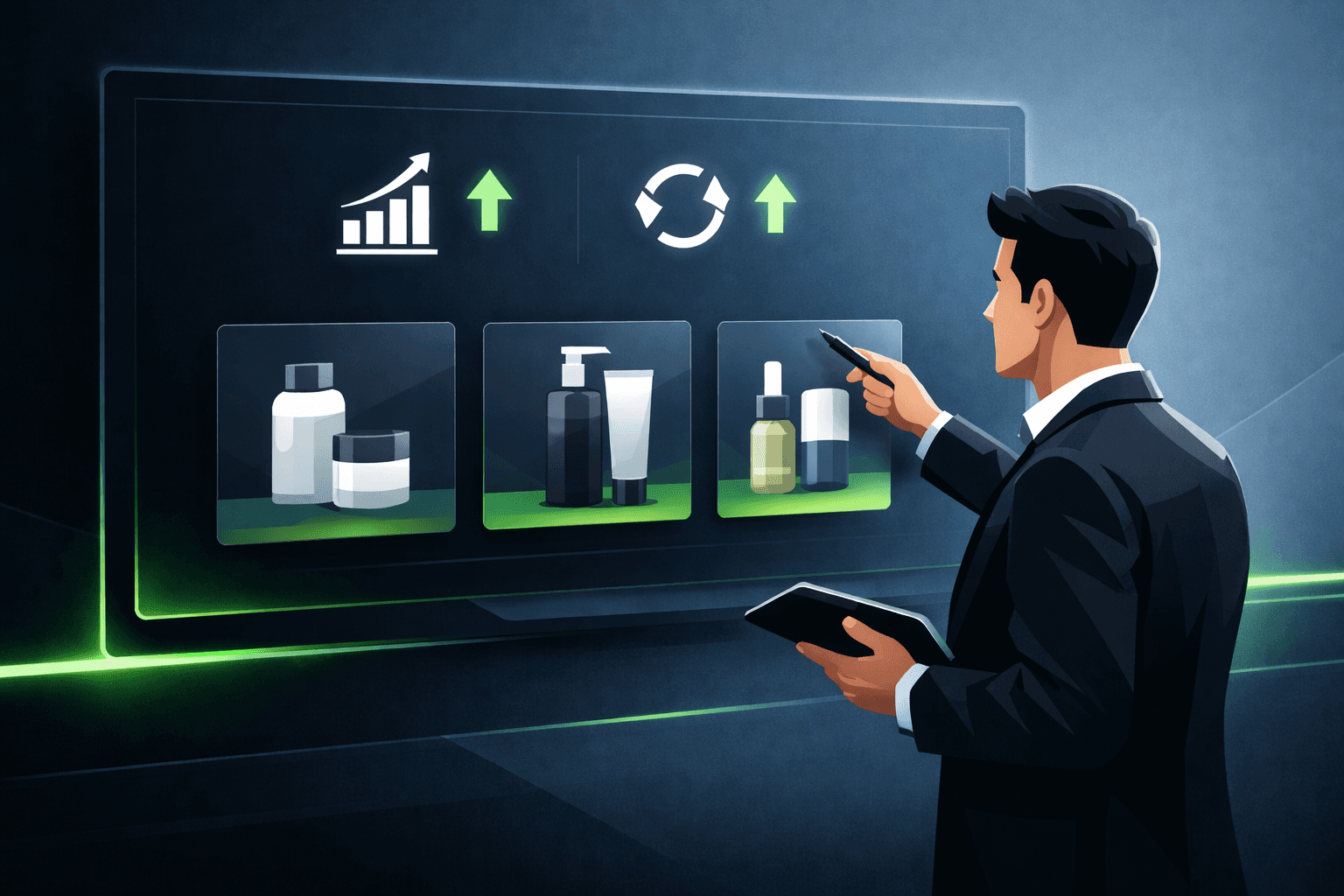 Profissional de vendas atuando como consultor, analisando indicadores de desempenho em uma tela digital com gráficos de crescimento e recompra, enquanto apresenta cards abstratos de produtos cosméticos em um ambiente moderno e tecnológico, representando vendas consultivas no B2B.