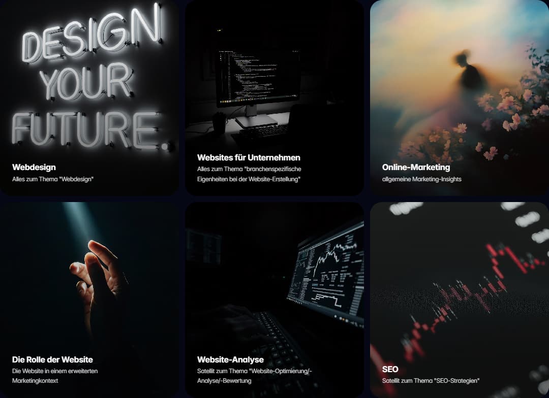 6 Beispiele für mögliche Titel von Satelliten. Alle Satelliten haben zudem einzugehöriges Bild, was hier gezeigt wird