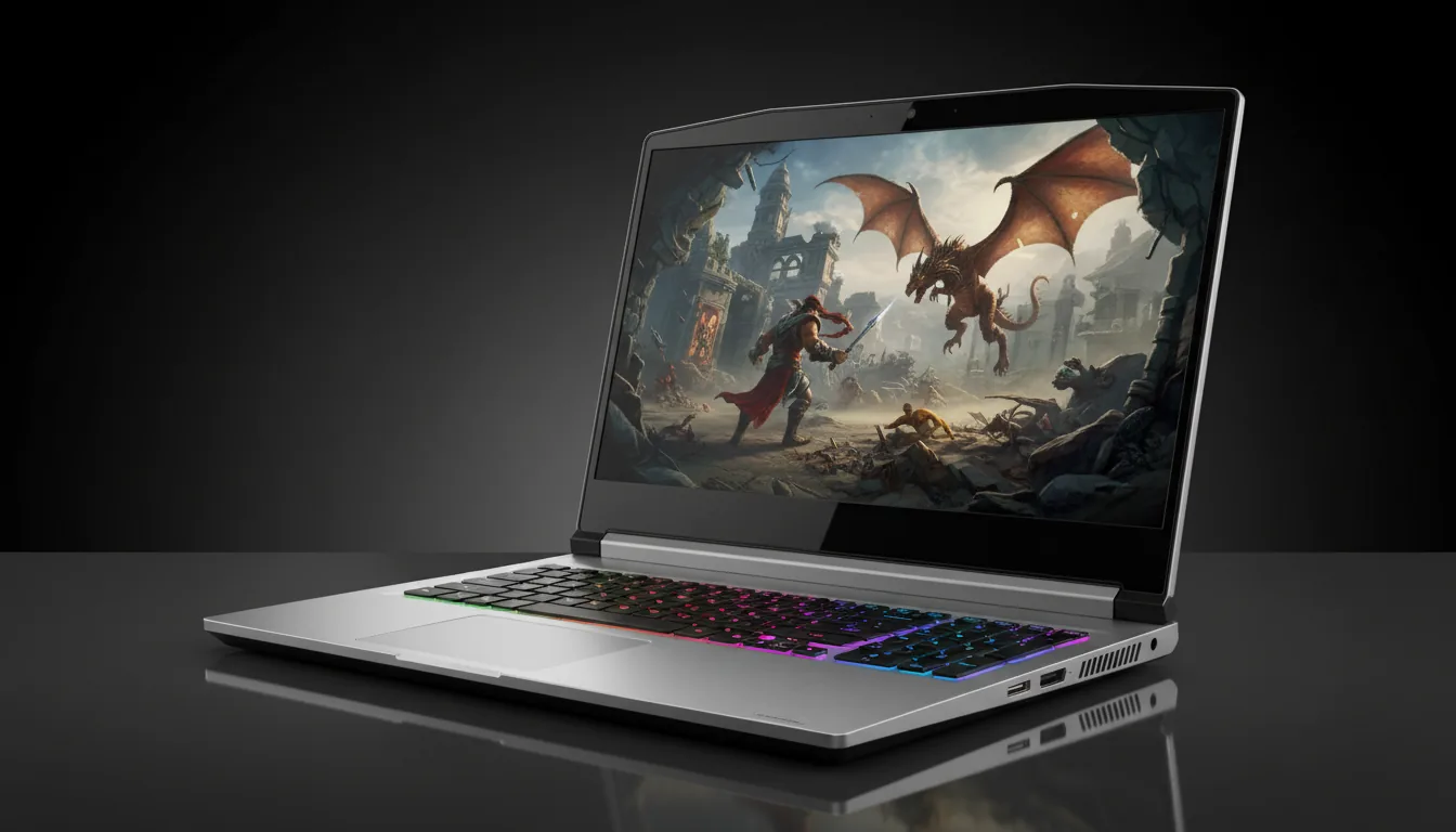 DSLR product photography of a sleek, silver Alienware gaming laptop, shot at a low three-quarters angle against a clean, dark gradient background. The laptop is illuminated by soft studio lighting that accentuates its metallic texture and clean lines. Its bright screen displays a vibrant, action-packed AAA video game with realistic graphics. The keyboard has a subtle multicolored backlight, and the laptop rests on a dark, glossy surface, creating a soft, elegant reflection.