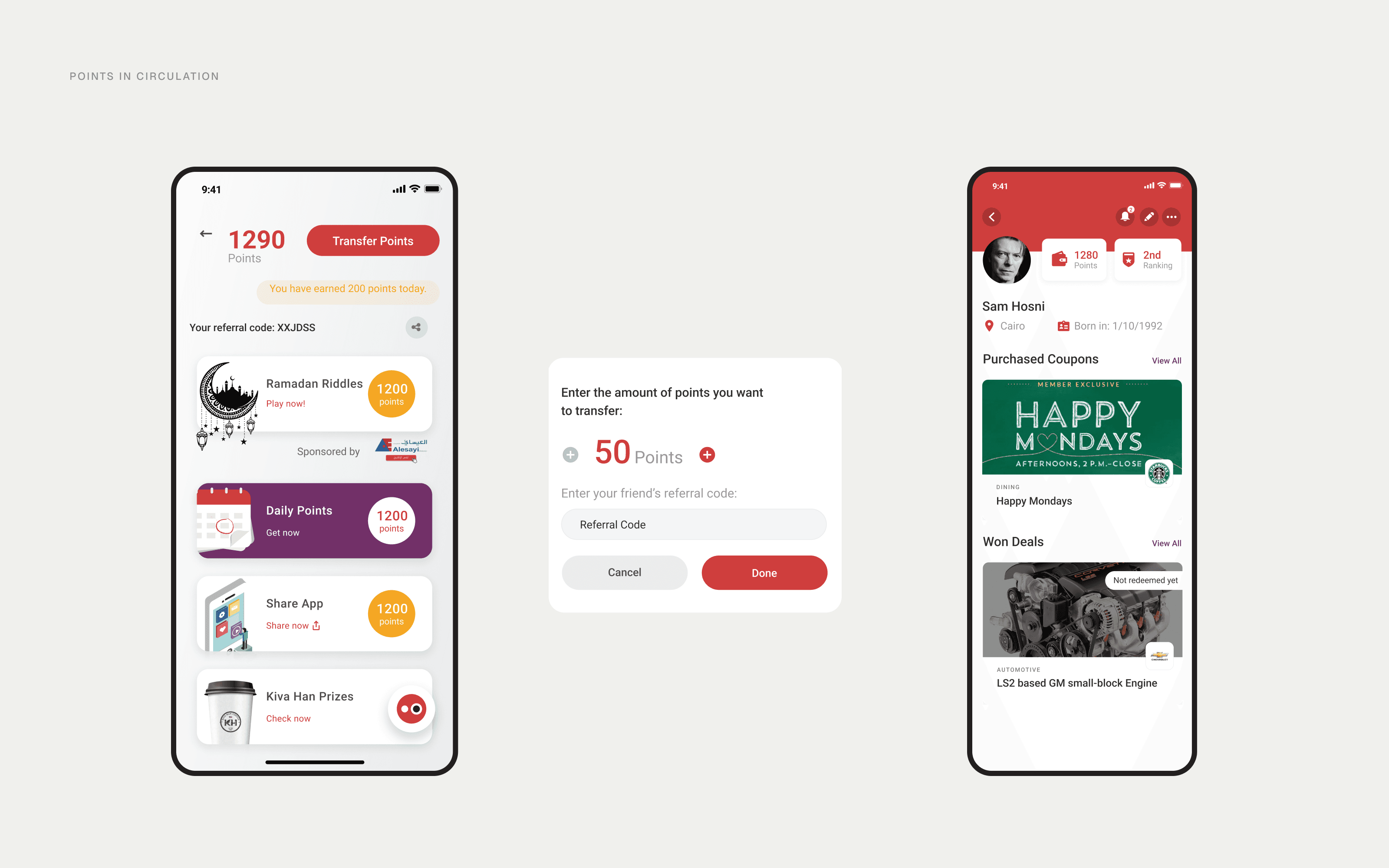 Earn and transfer points, with rewards and purchases in the profile