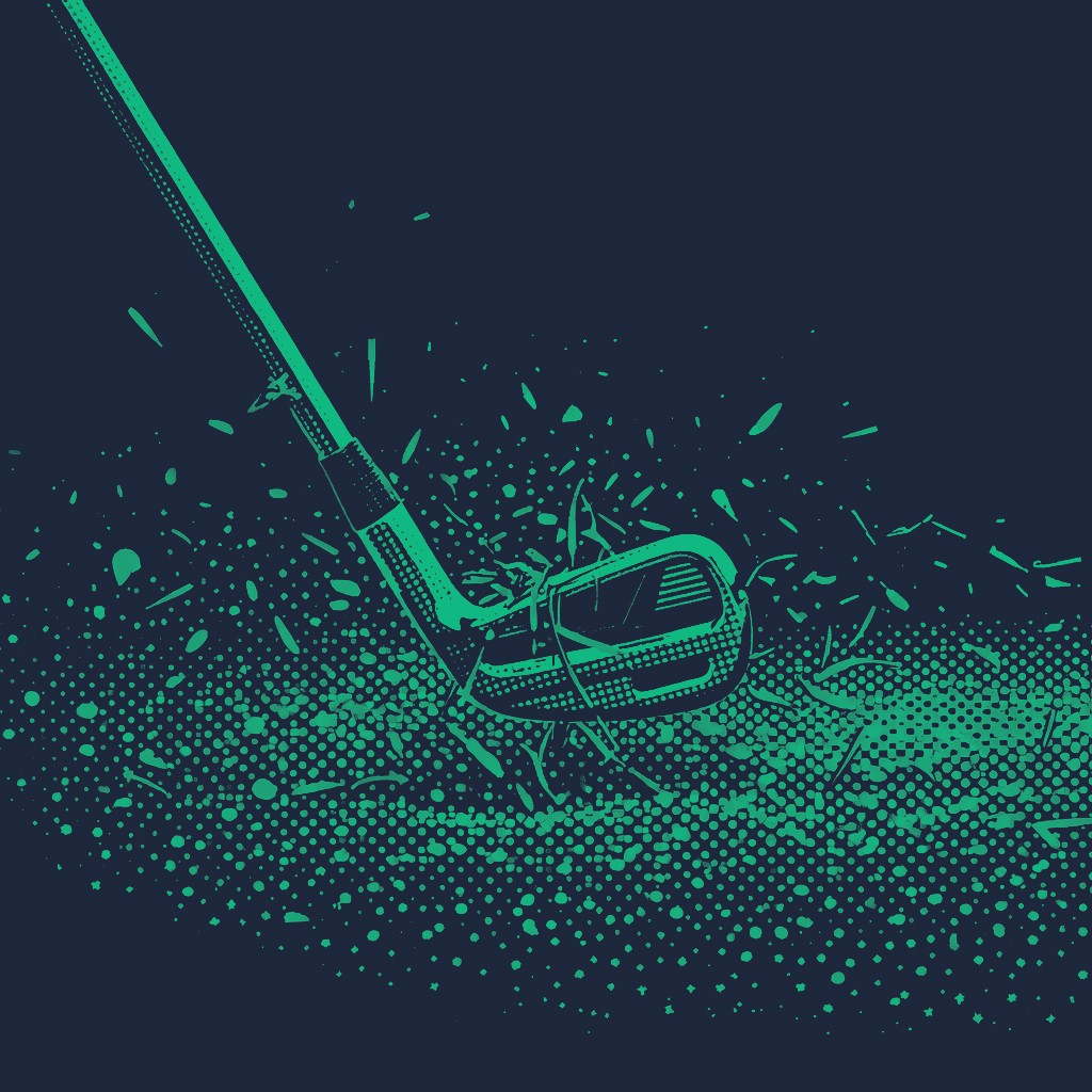 A stylized, high-contrast teal illustration of a golf iron striking the turf, sending a spray of grass and dirt into the air.