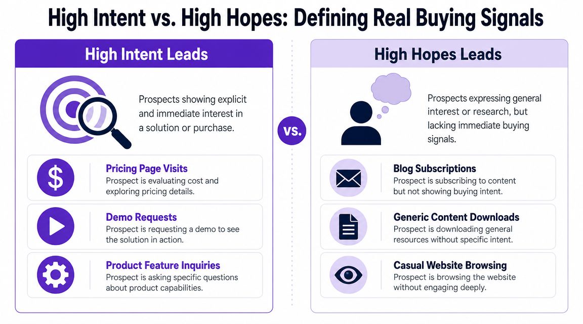 A comparison chart explaining the difference between high intent leads and high hopes leads in sales.