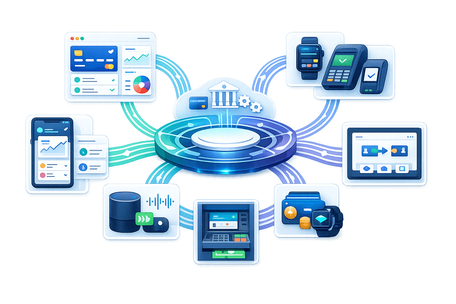 Ilustrasi ekosistem layanan keuangan digital yang terintegrasi, dengan sebuah platform pusat (core system) sebagai hub yang menghubungkan berbagai kanal dan perangkat. Visual menampilkan dashboard analitik, aplikasi mobile, sistem pembayaran dan kartu, perangkat POS, ATM, dompet digital, serta layanan backend yang saling terhubung melalui alur data. Menggambarkan orkestrasi layanan, integrasi sistem, dan pertukaran data real-time untuk mendukung operasional keuangan digital yang aman dan terpadu.