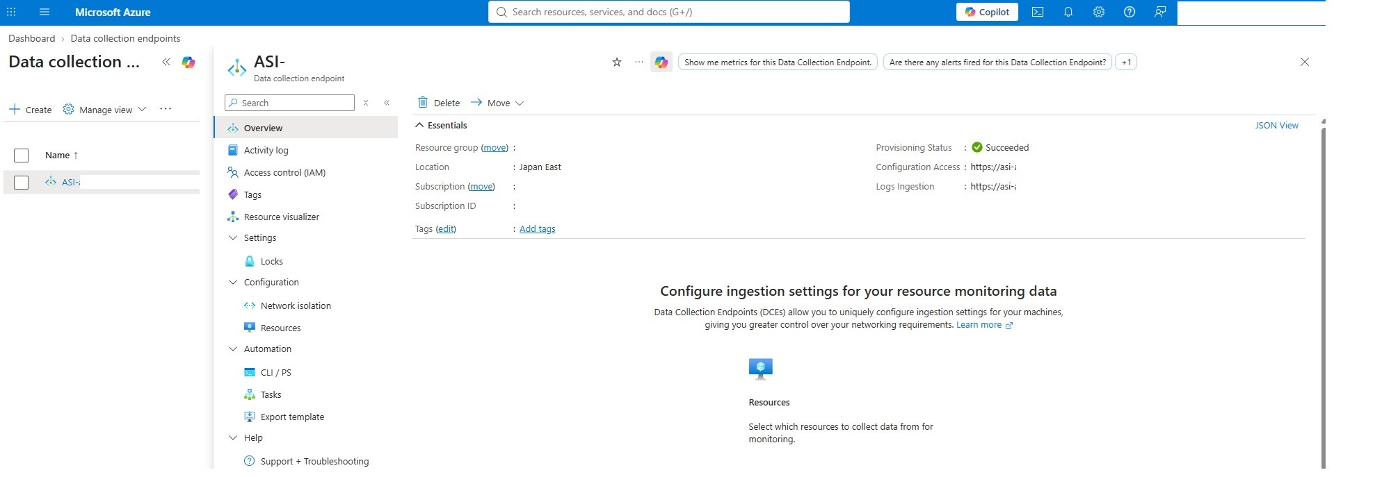 Azure portal Data Collection Endpoint overview showing the Logs Ingestion URL.
