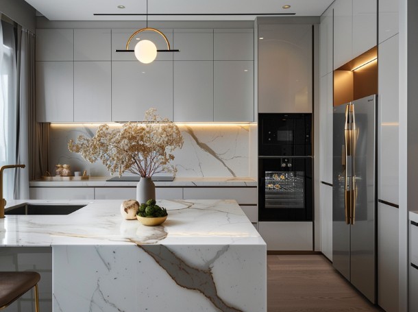 Nowoczesna kuchnia z wyspą pokrytą białym marmurem ze złotymi żyłkami, zabudową w odcieniach szarości, czarnym piekarnikiem, lodówką w stylu premium i eleganckim oświetleniem nad blatem.