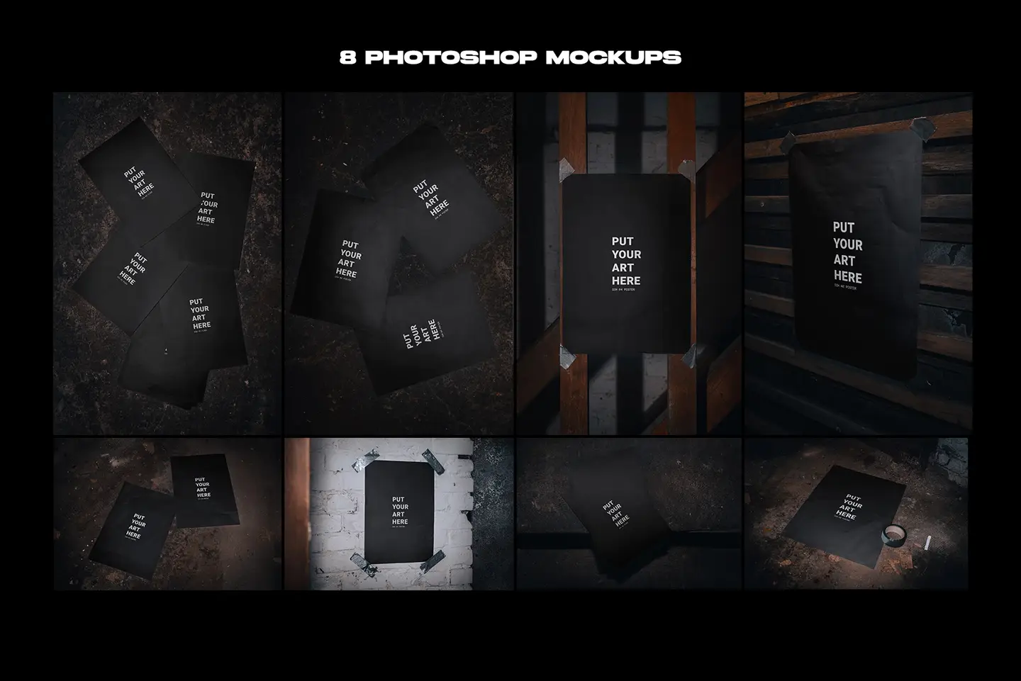Basement poster mockup bundle overview showing eight underground poster presentation scenes
