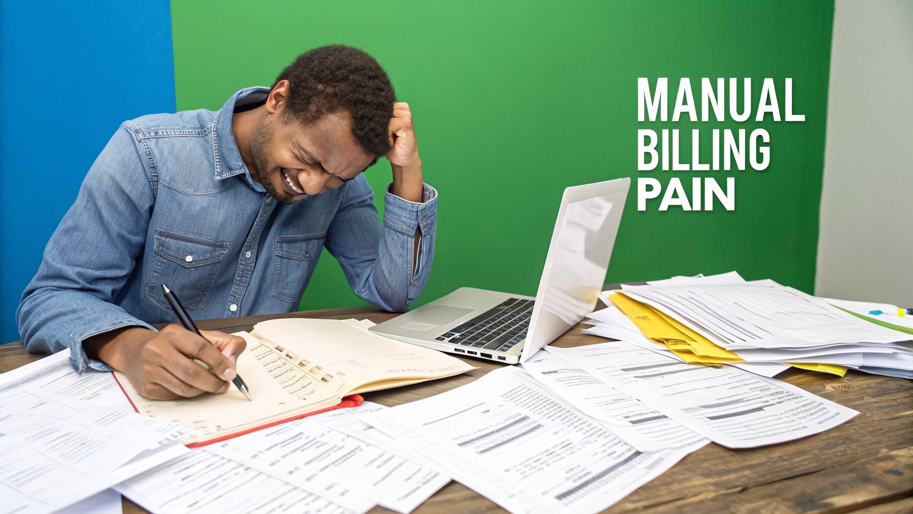 A man overwhelmed and stressed by manual billing and excessive paperwork at his desk.