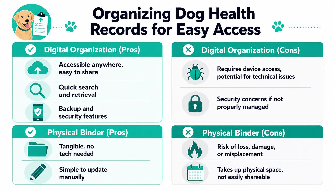 An infographic comparing the pros and cons of using digital or physical methods to organize dog health records.